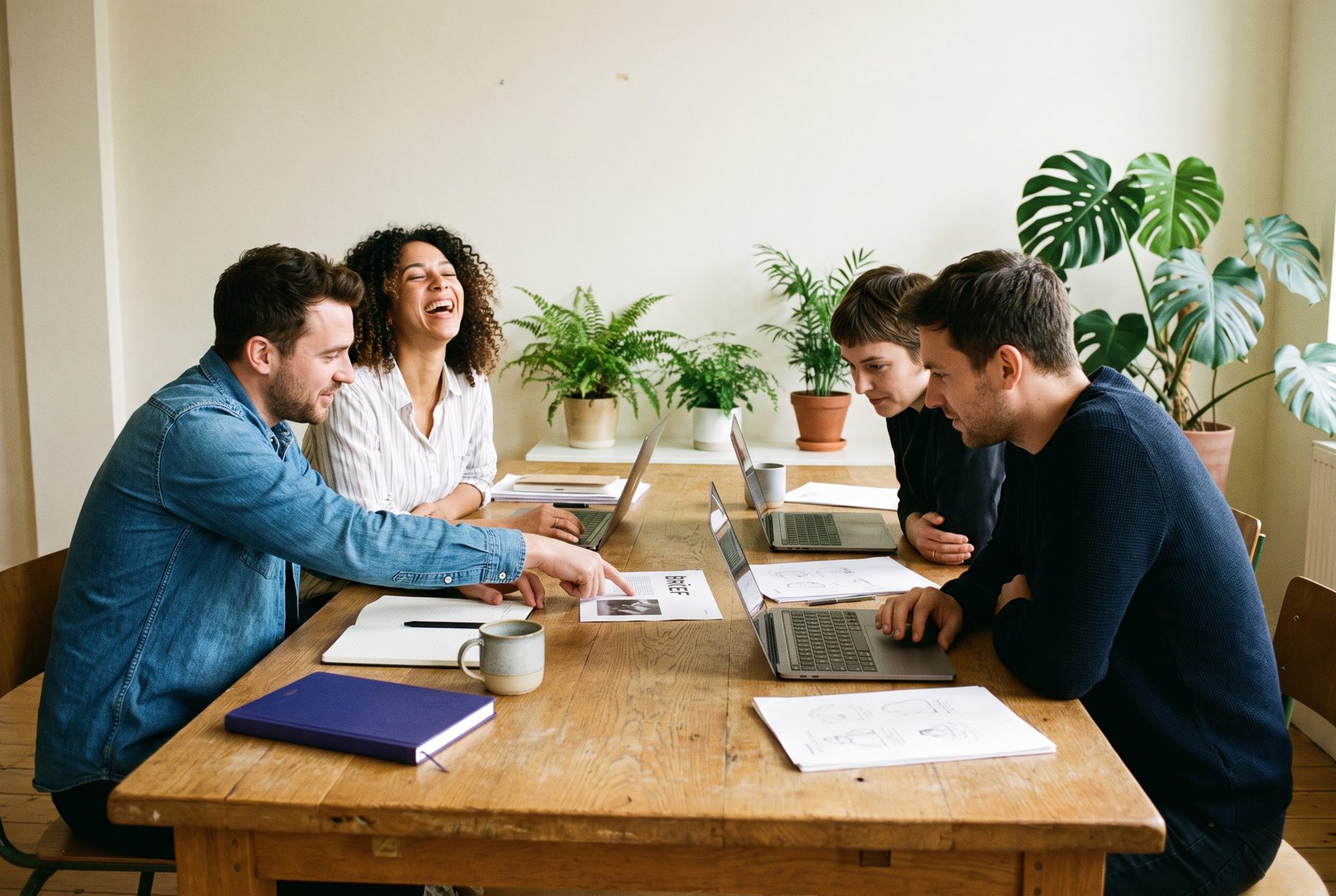 A small agency team laughing around a table with laptops and printed briefs