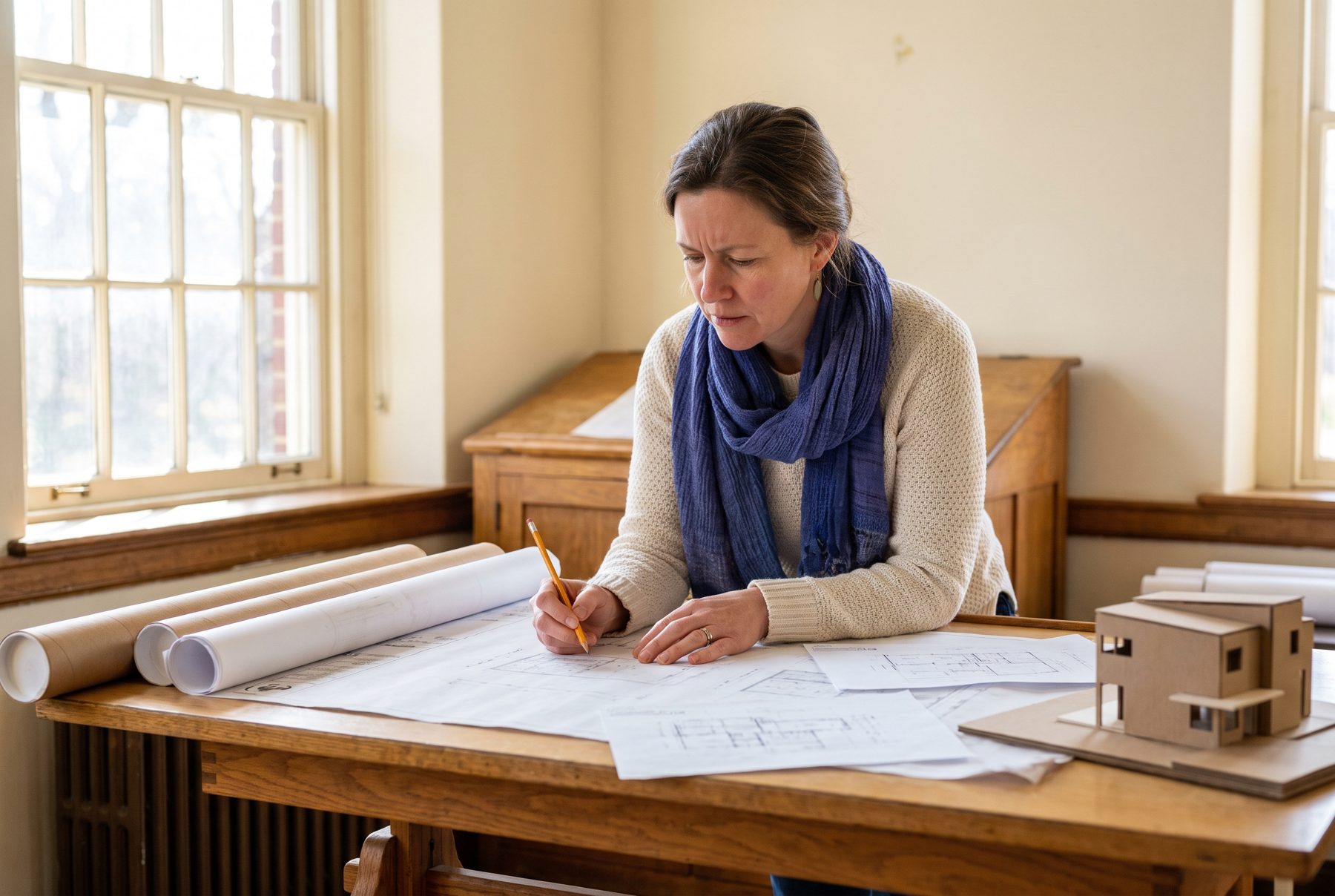 An architect reviewing large printed drawings beside a scale model