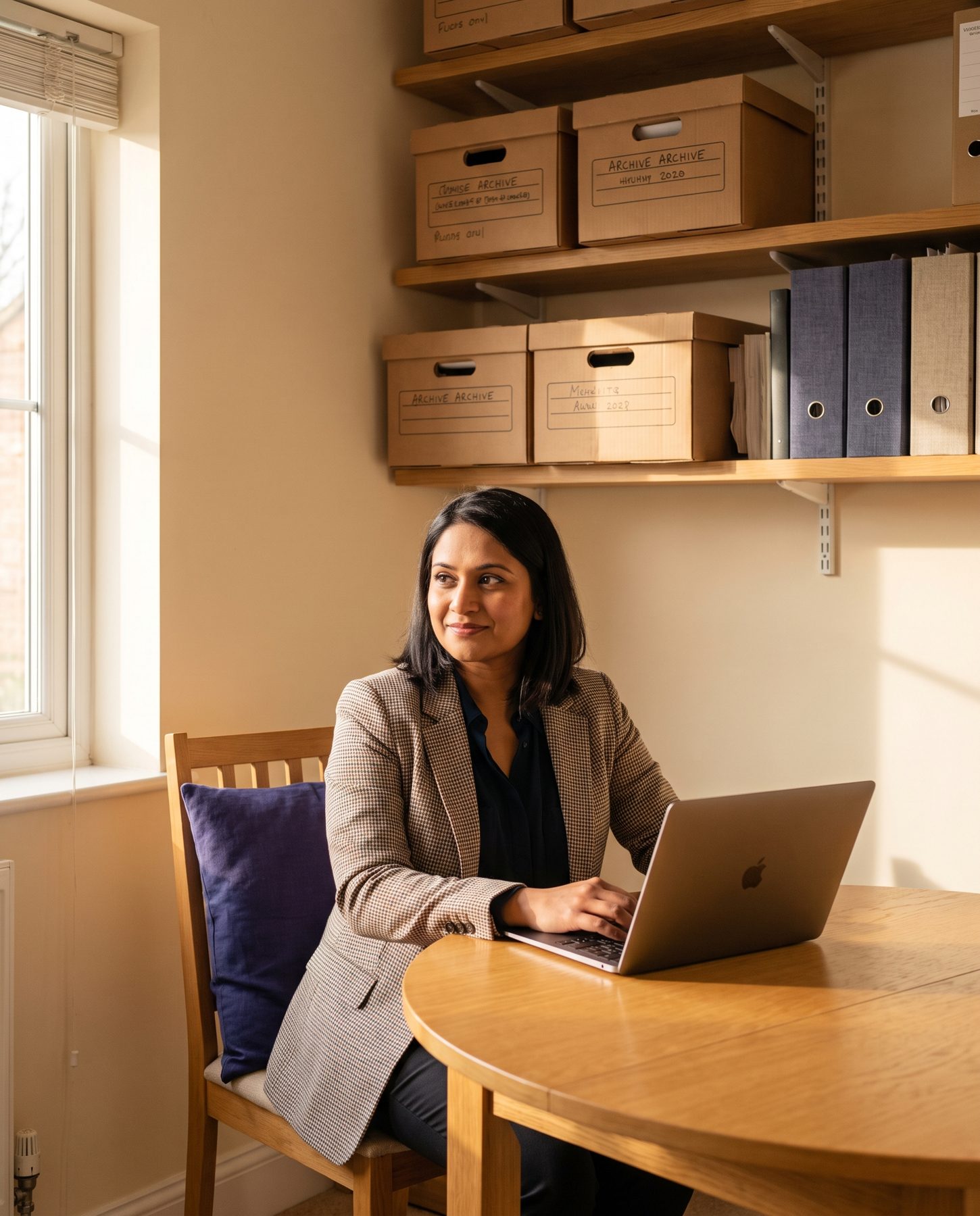 A founder working at her laptop in a sunlit office with archive boxes behind her
