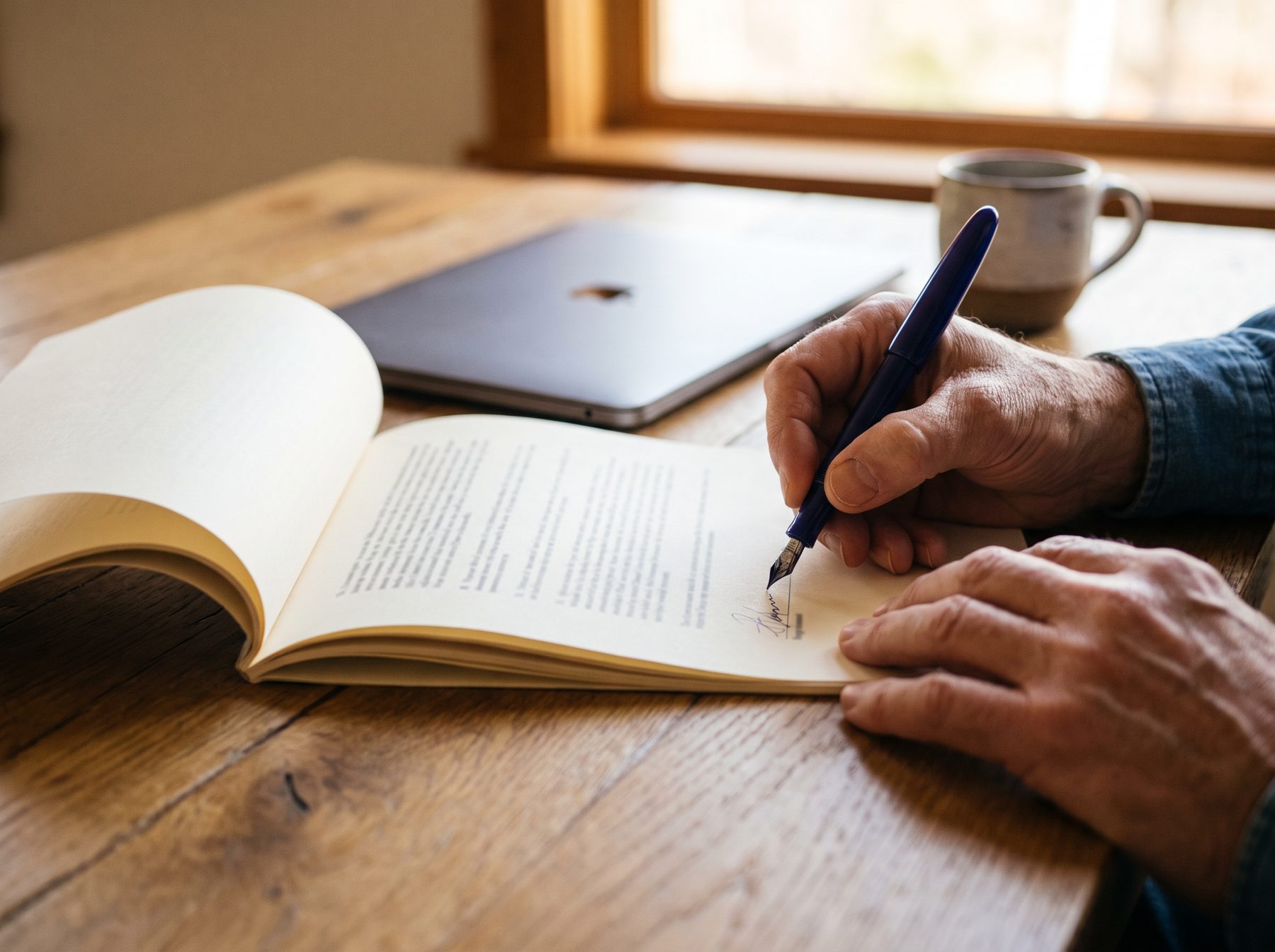 A person signing a printed agreement at a wooden desk